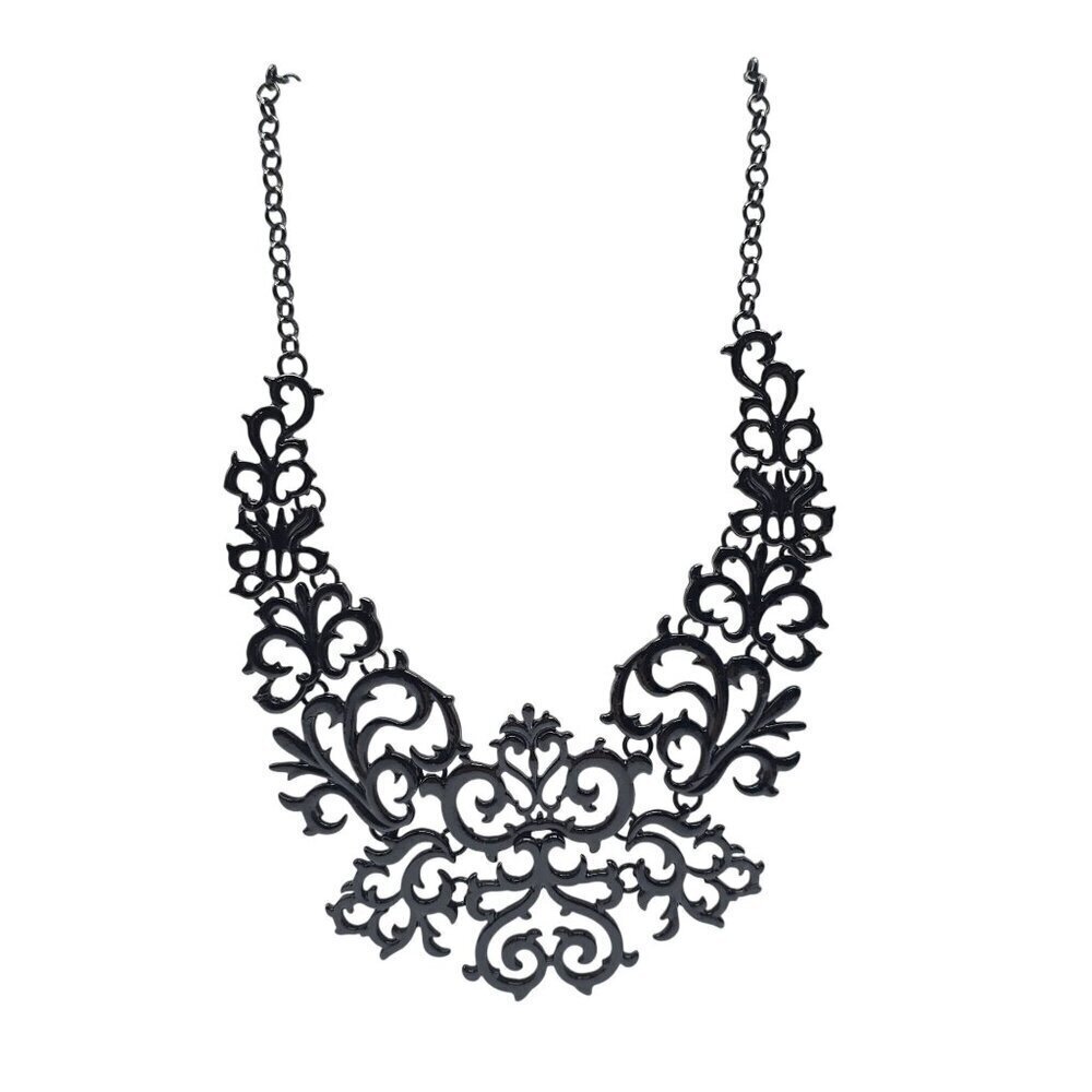 Elegant Ornate Black Enamel Floral Statement Necklace Adjustable Chain 18"-20"